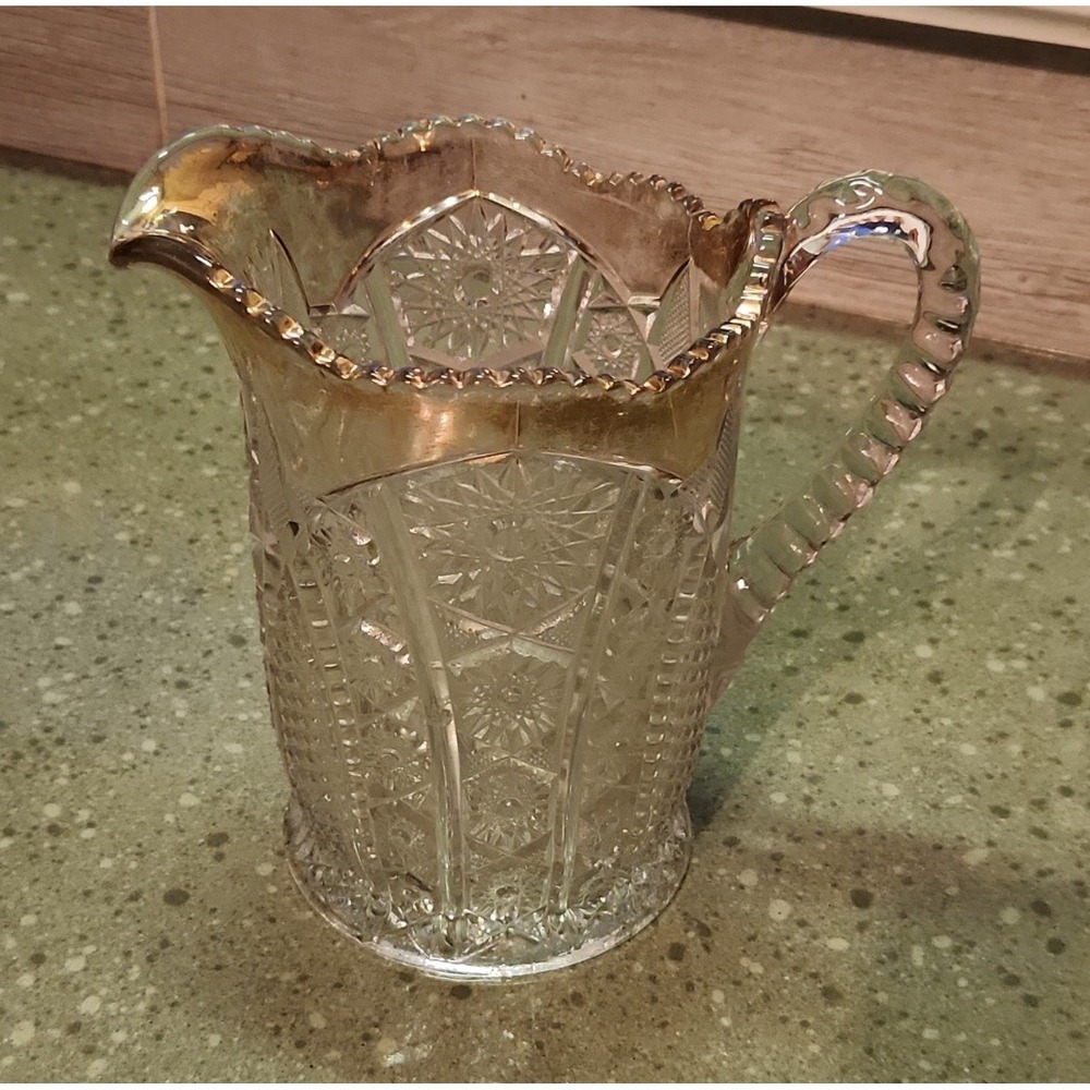 Imperial Glass Daisy & Button w/ Gold Rim Clear Water Pitcher VTG MCM